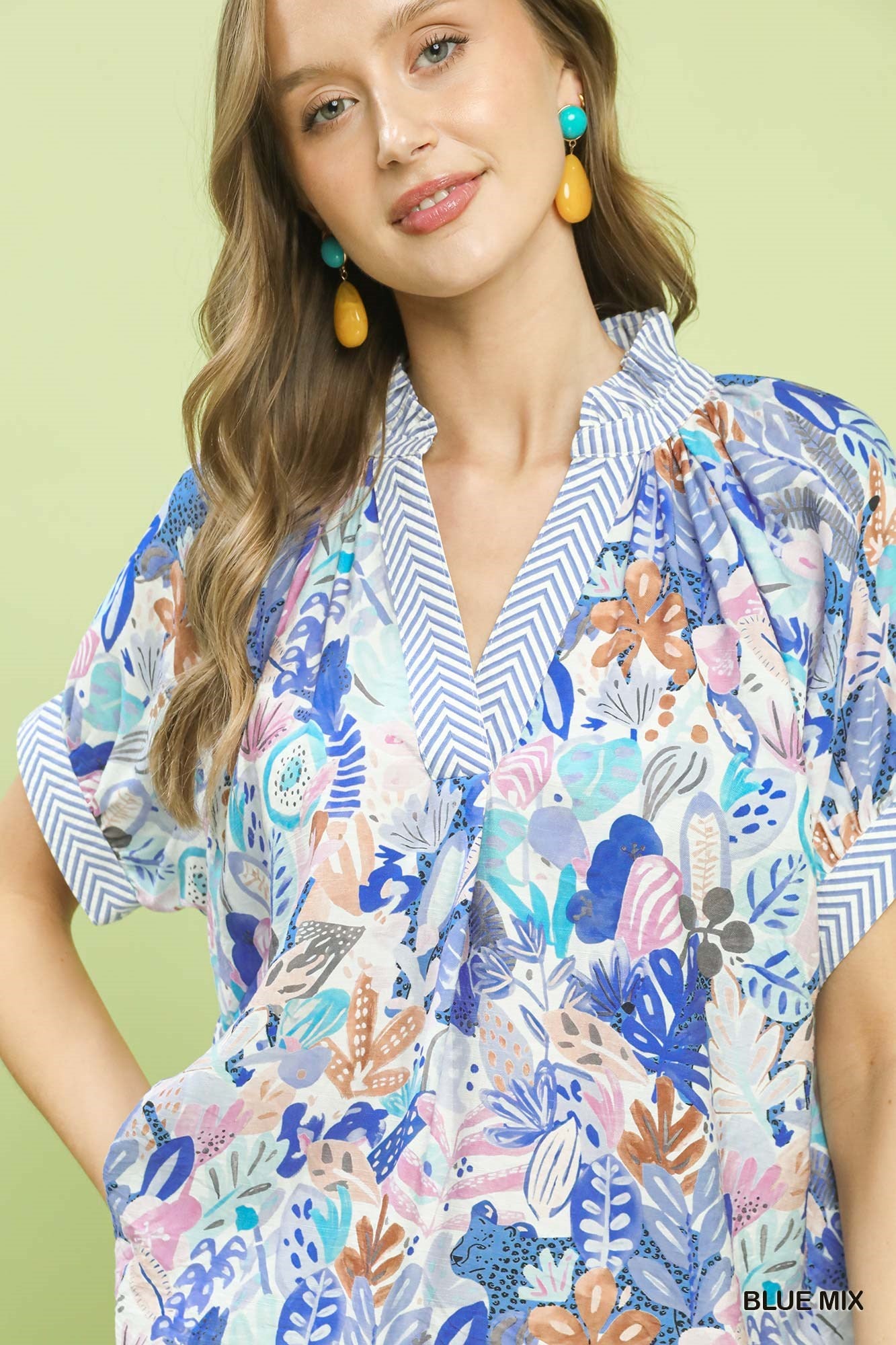 Umgee Blue Mix Boho Printed V-Neck Blouse