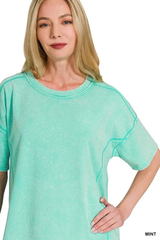 Zenana Mint Acid Washed Short Sleeve Tee & Shorts Set