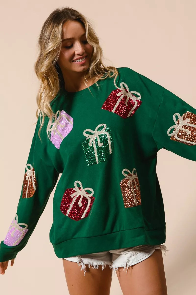 BiBi Green Sequin Christmas Gift Box Embroideries Pullover