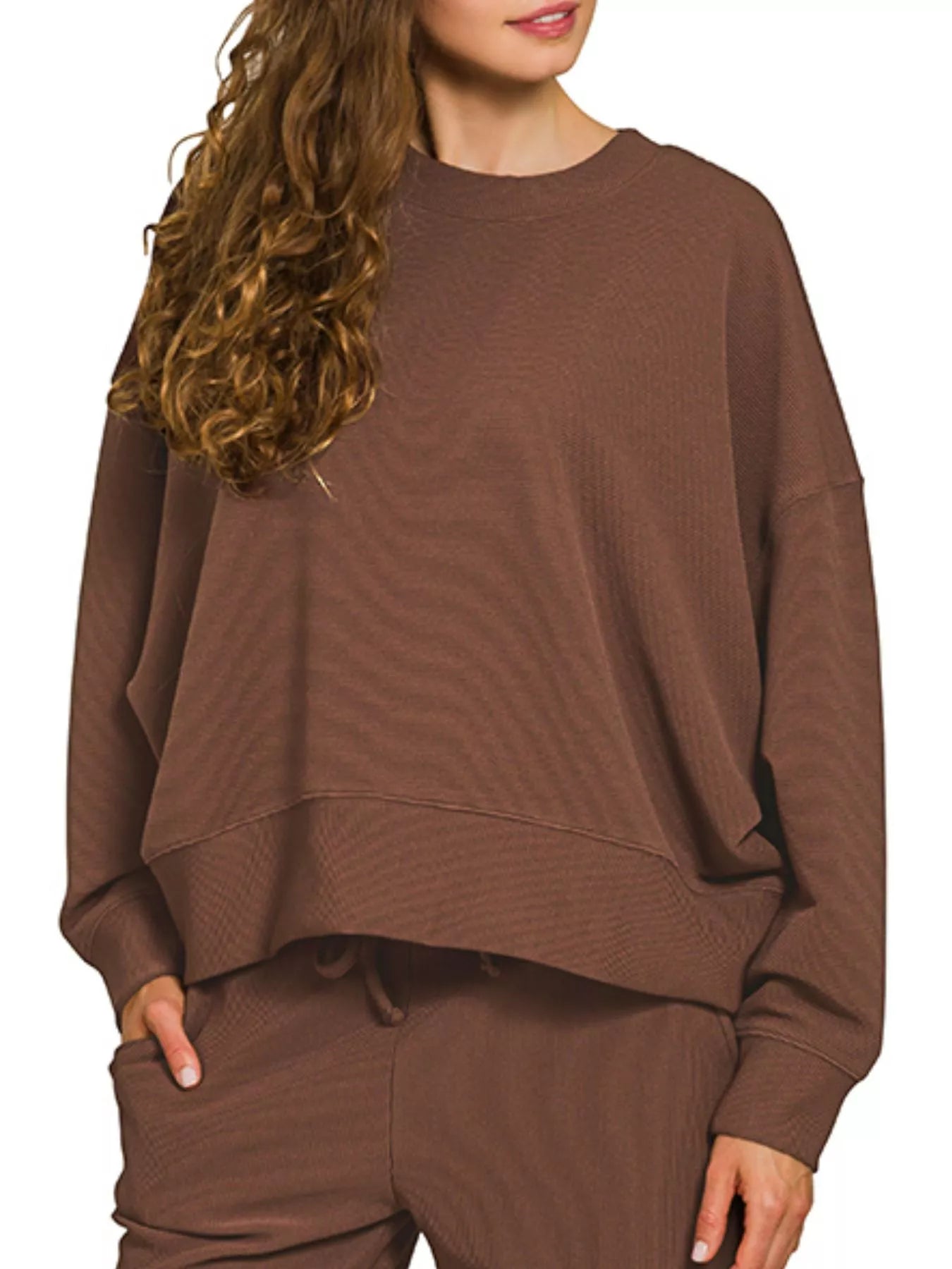 Zenana Brown Ribbed Round Neck Pullover and Drawstring Pants Set