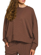 Zenana Brown Ribbed Round Neck Pullover and Drawstring Pants Set