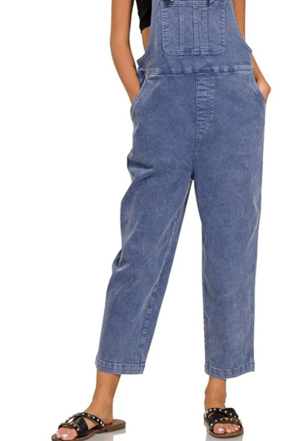 Zenana Blackberry Washed Knot Strap Relaxed Fit Overalls