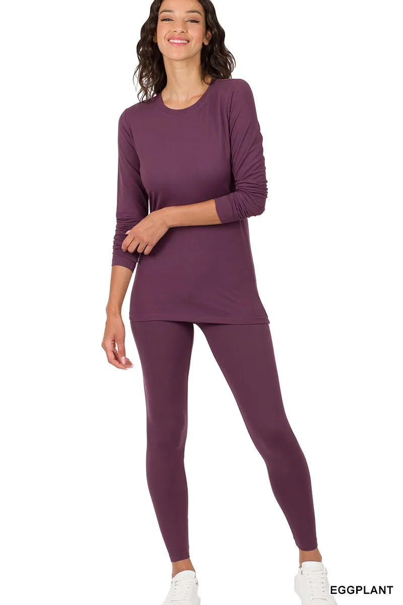 Zenana Eggplant Microfiber Round Neck Top and Leggings Set