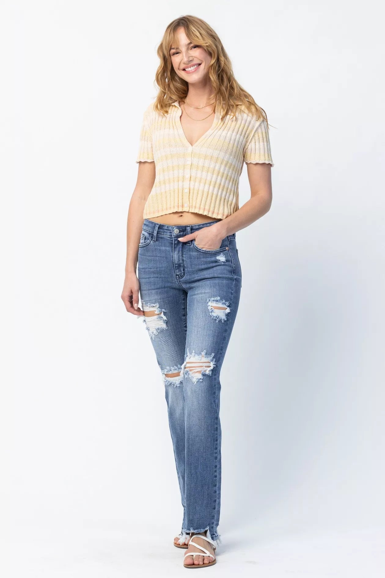 Judy Blue Medium Washed Mid Rise Destroyed Straight Jeans