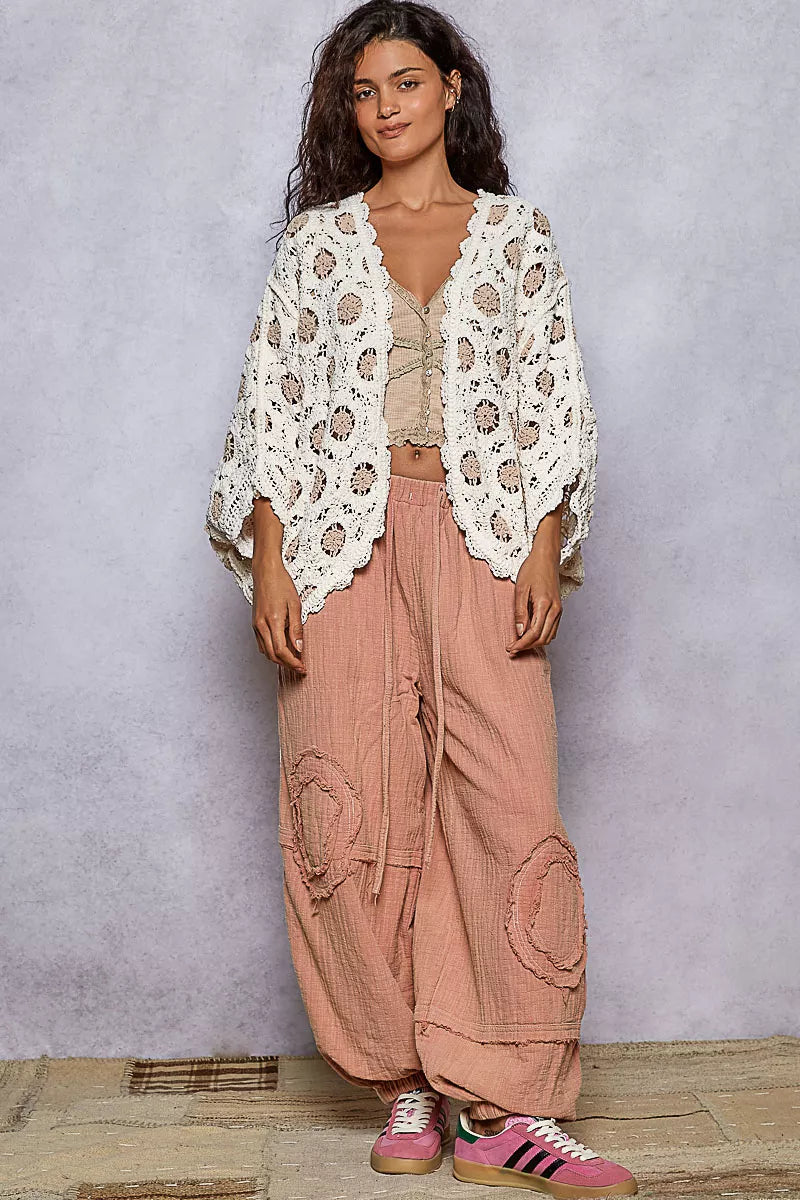 POL Cream & Latte Openwork V-Neck Chenille Cardigan with Contrast Floral