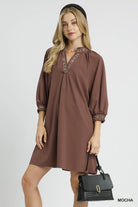 Umgee Mocha V-Neck Shift Dress with Sheer Leopard Trim Mocha