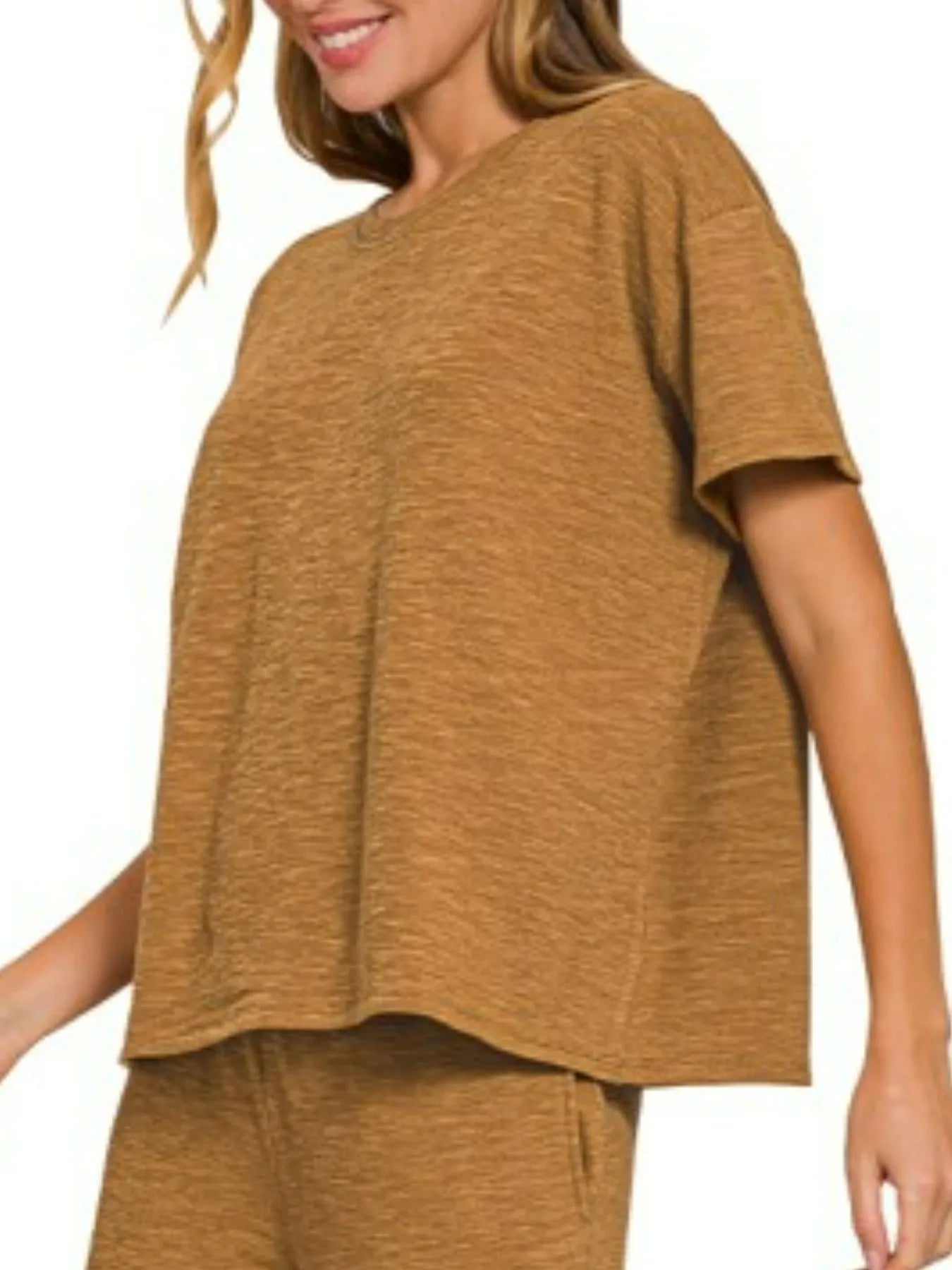 Zenana Deep Camel Slub Short Sleeve T-Shirt and Pants Set