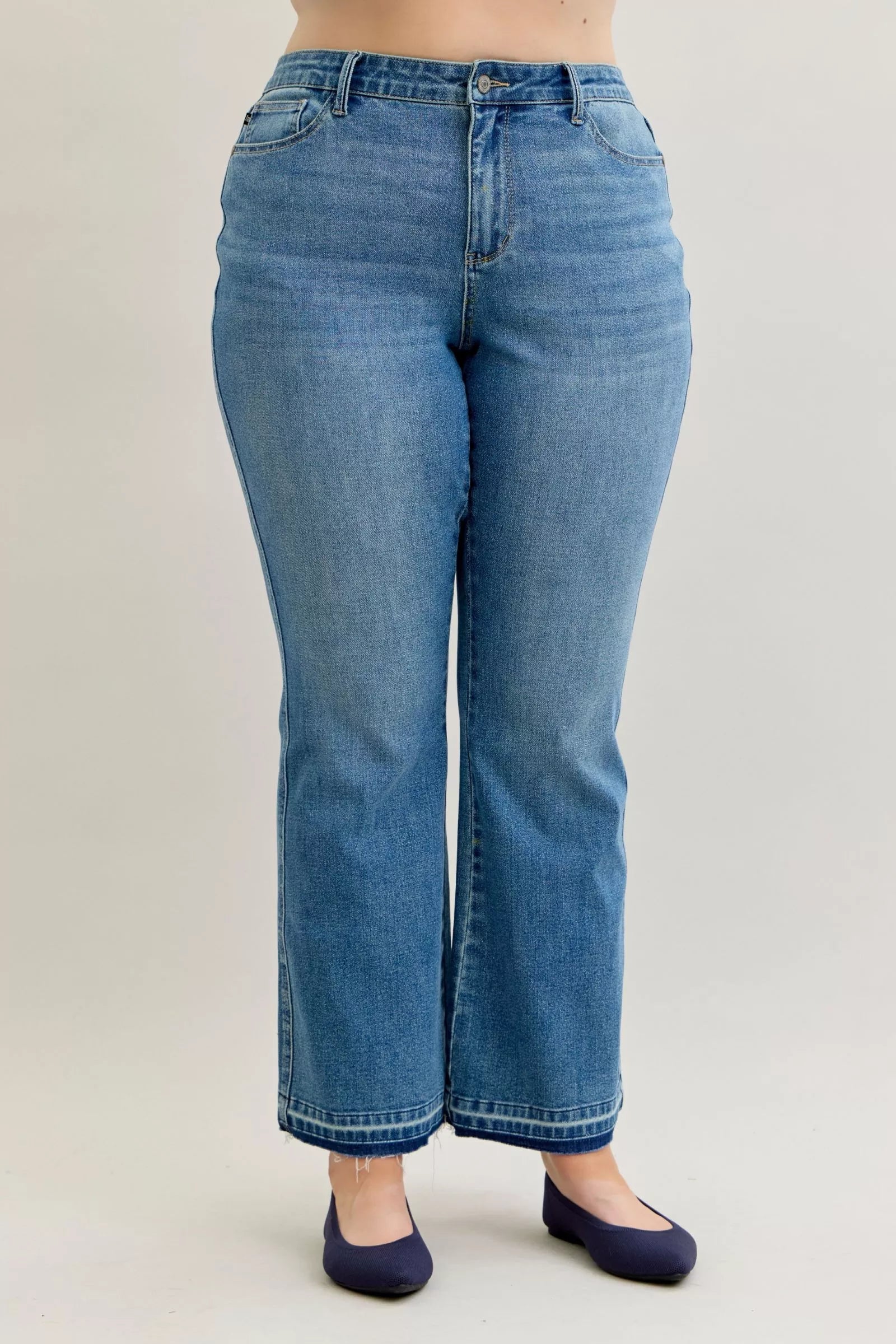 Judy Blue Medium Wash Mid Rise Slim Bootcut Tummy Control Release Hem Jeans