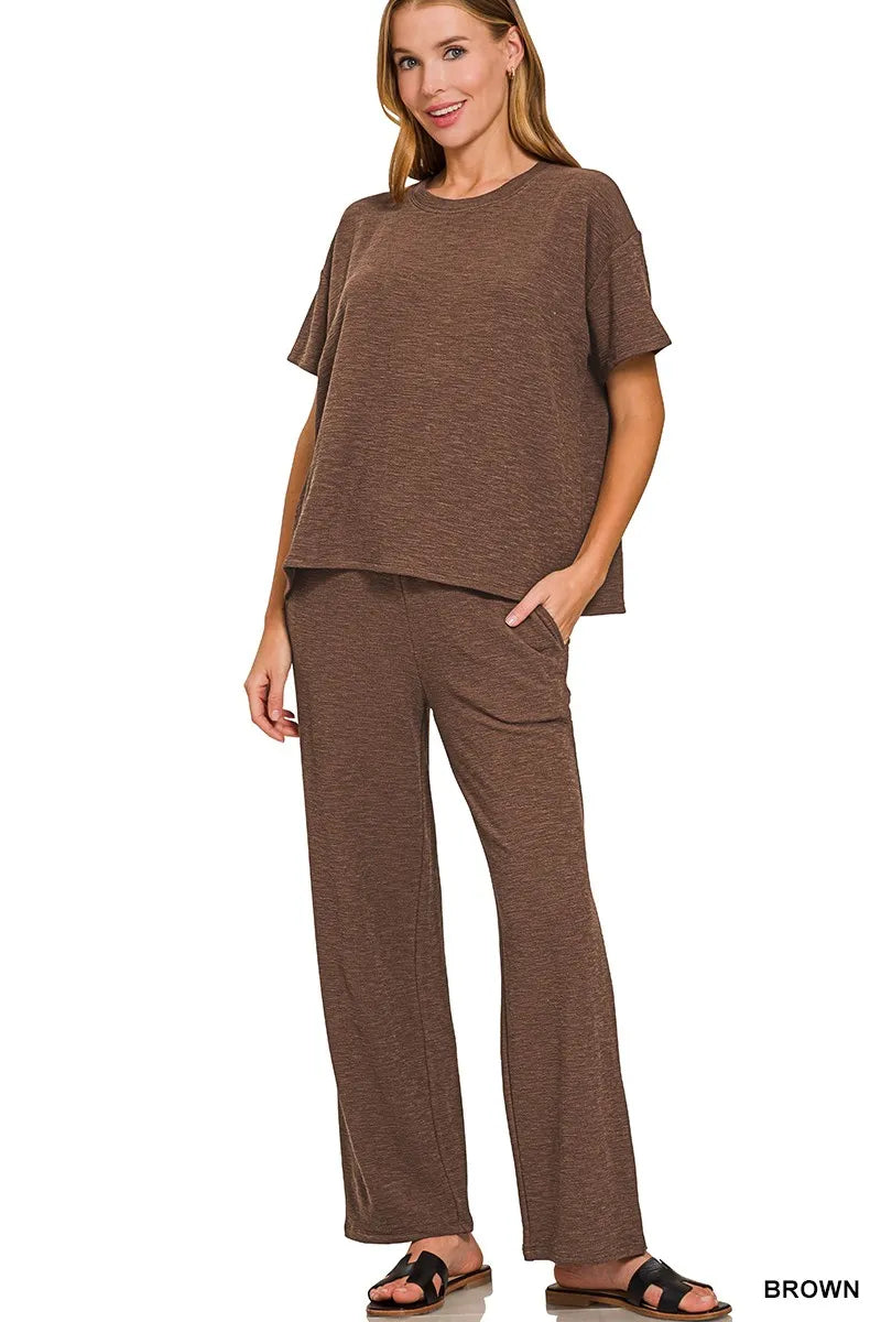 Zenana Brown Slub Short Sleeve T-Shirt and Pants Set BROWN