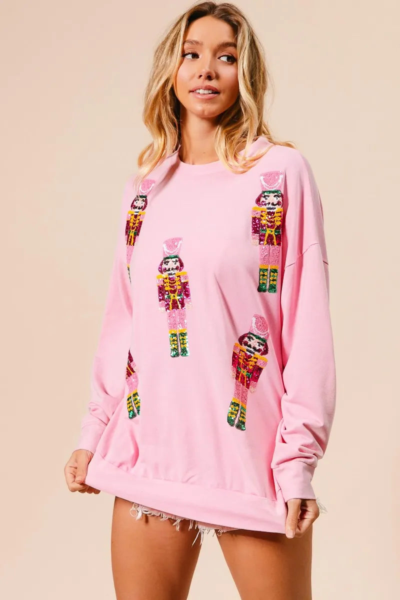 BiBi Light Pink Sequin Nutcrackers Embroidery Christmas Sweatshirt