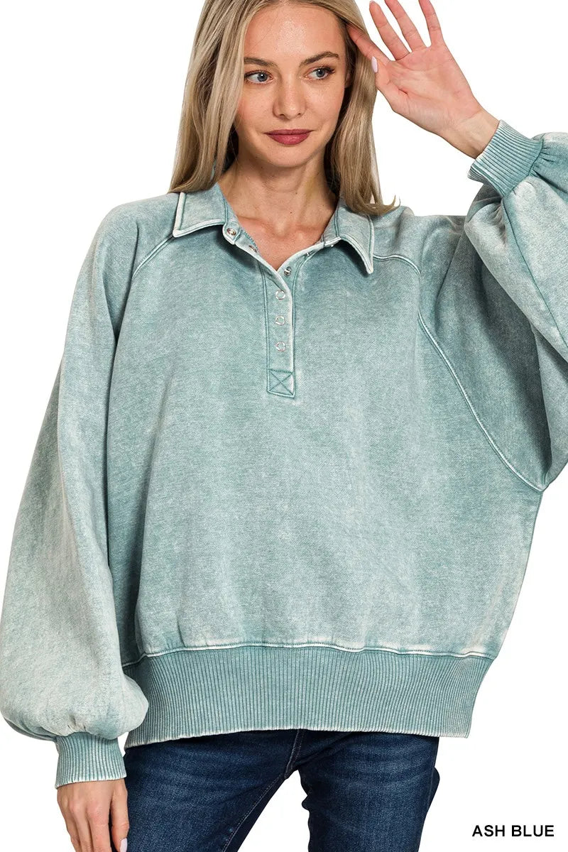 Zenana Ash Blue Acid Wash Fleece Collared Sweatshirt ASH BLUE