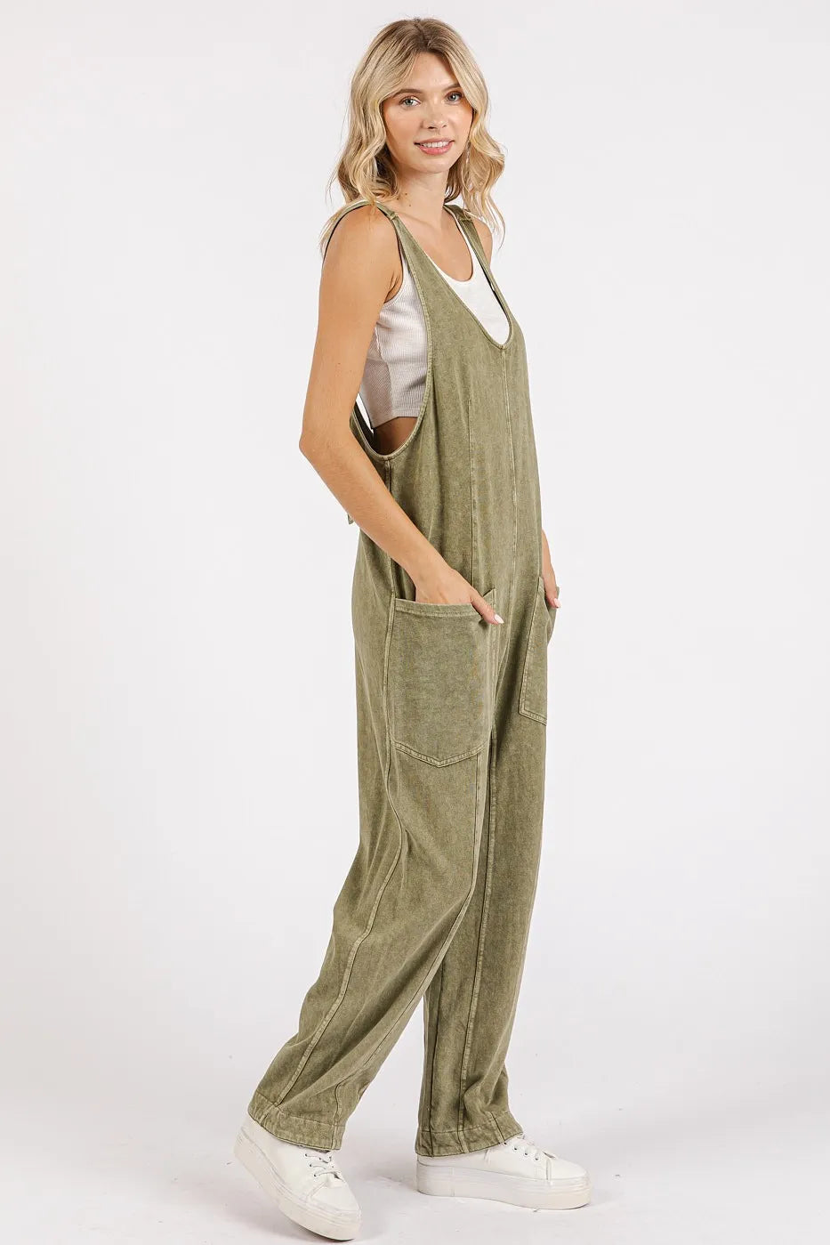 Mittoshop Light Olive Mineral Wash Relaxed Fit Sleeveless Harem Jumpsuit