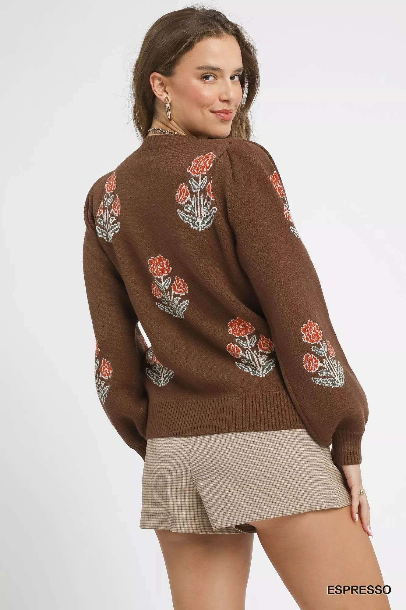 Umgee Espresso Floral Knit Sweater with Puff Sleeves