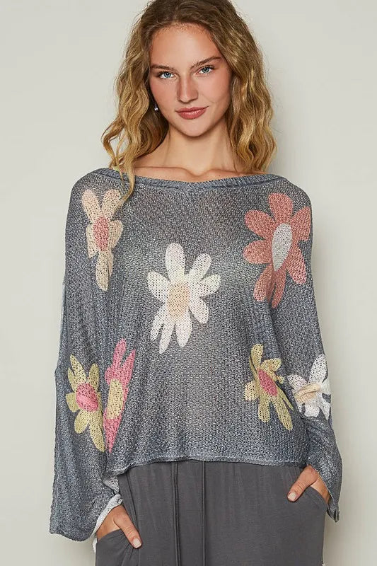 POL Charcoal Flower Dropped Shoulder Long Sleeve Knit Top Charcoal