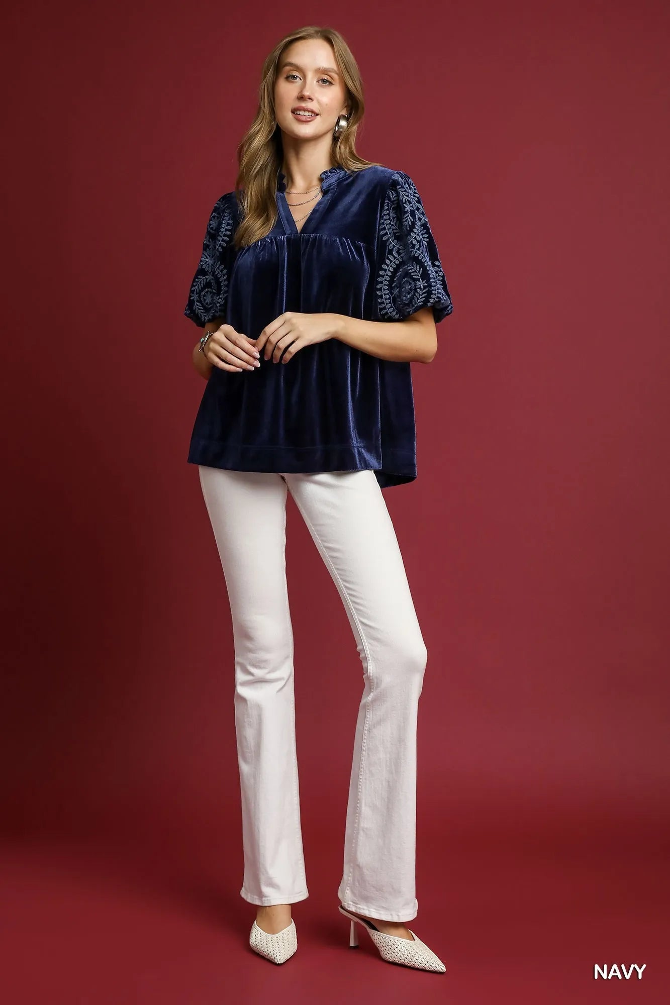Umgee Navy Velvet Embroidered Sleeve Blouse