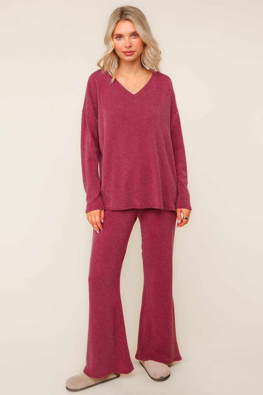Haptics Solid Wave Rib Knit Lounge Set in Wine