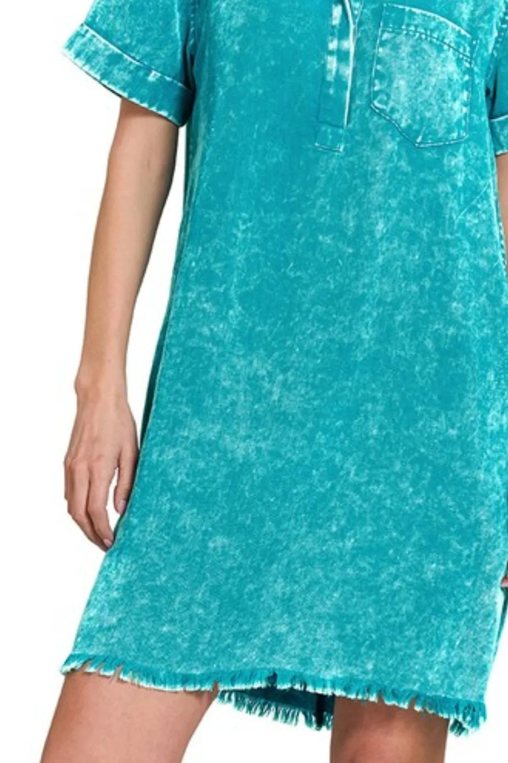 Zenana Light Teal Tencel Mineral Washed Collared Shirt Dress