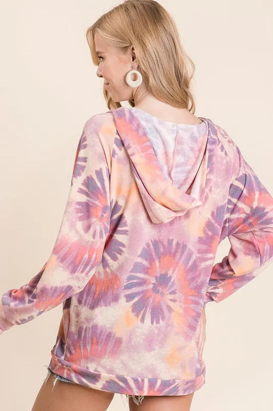 BiBi Circular Tie Dye Print Terry Hoodie with Kangaroo Pocket