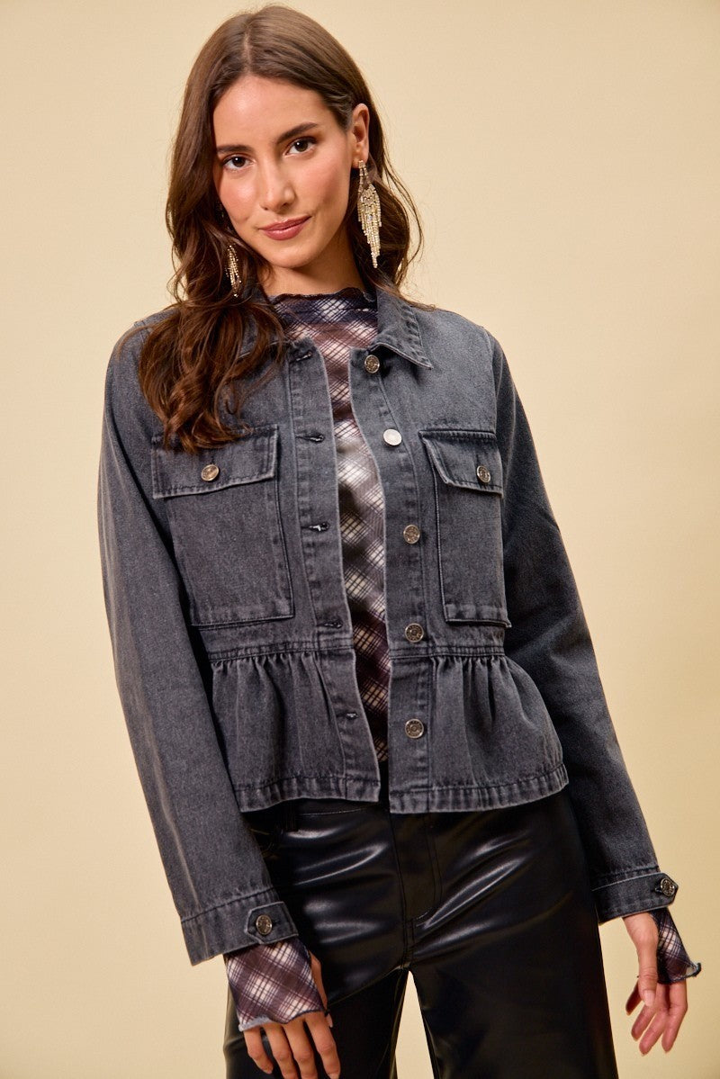 SO ME Black Denim Peplum Hem Front Button Jacket With Pockets BLACK