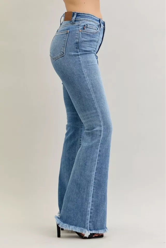Judy Blue Medium Washed High Waist Flare Fray Hem Jeans with Front Pintuck Detail