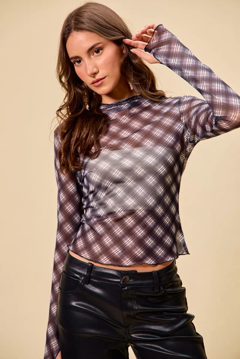 SO ME Plaid Mesh Knit Long Sleeve Top with Thumb Opening