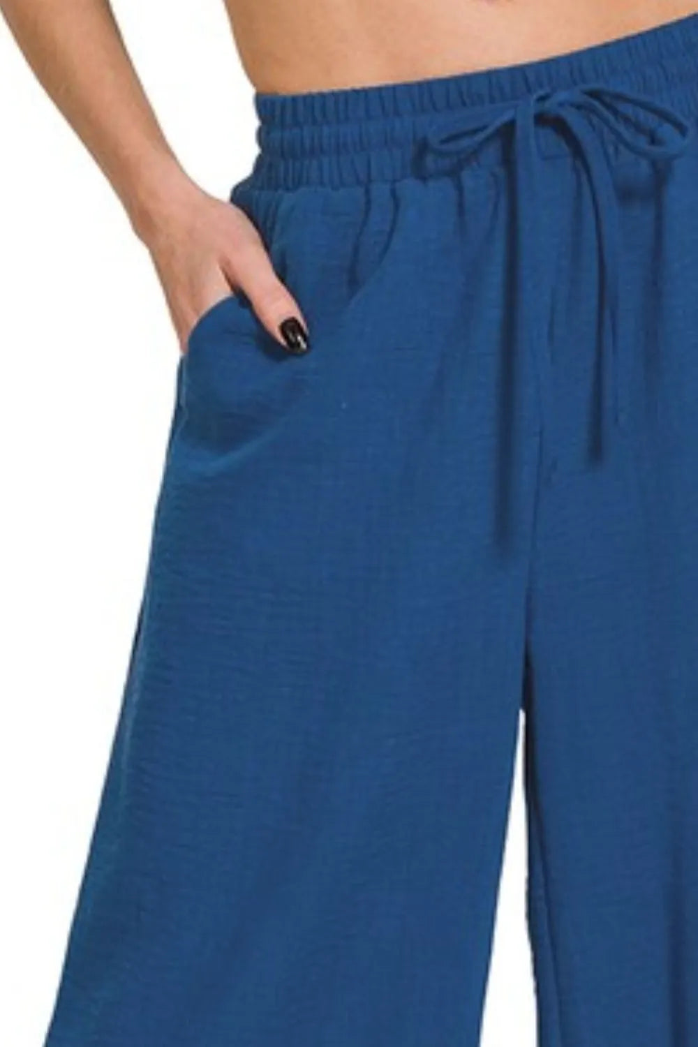 Zenana Light Navy Woven Crepe Elastic Band Waist Cropped Pants