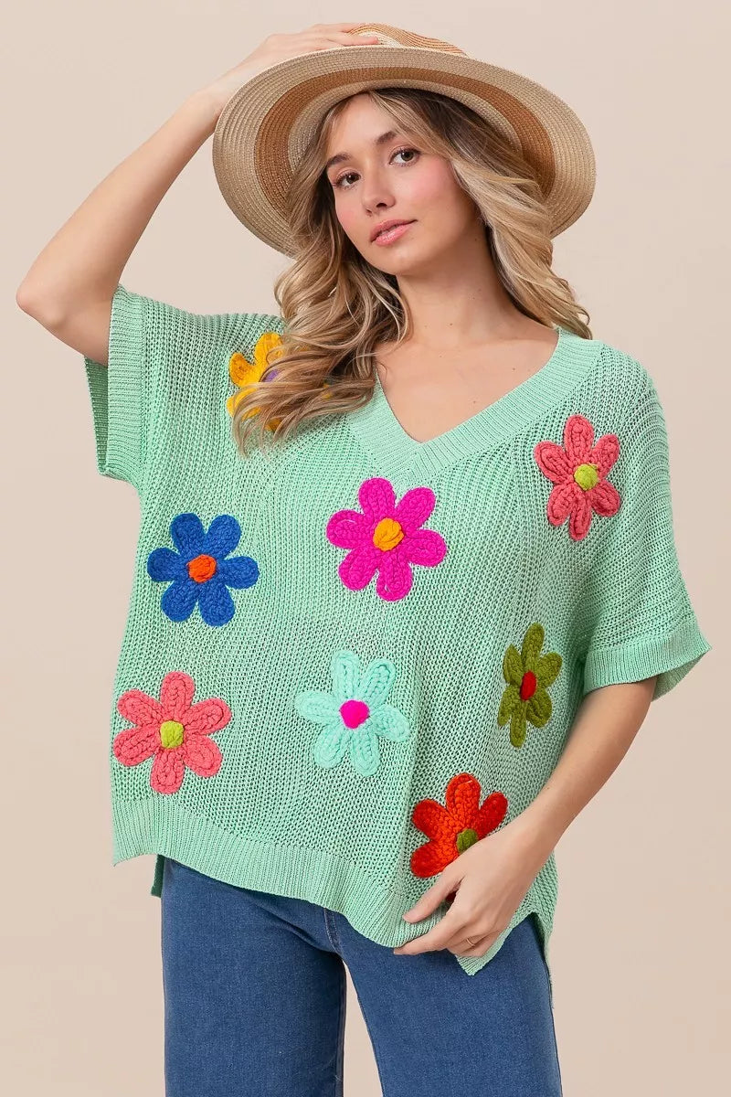 BiBi Flower Patches Dolman Short Sleeve Lightweight Sweater