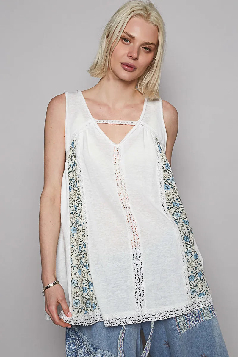 POL Off White V Neck Sleeveless Tank Top with Lace Detail OFFWHITE