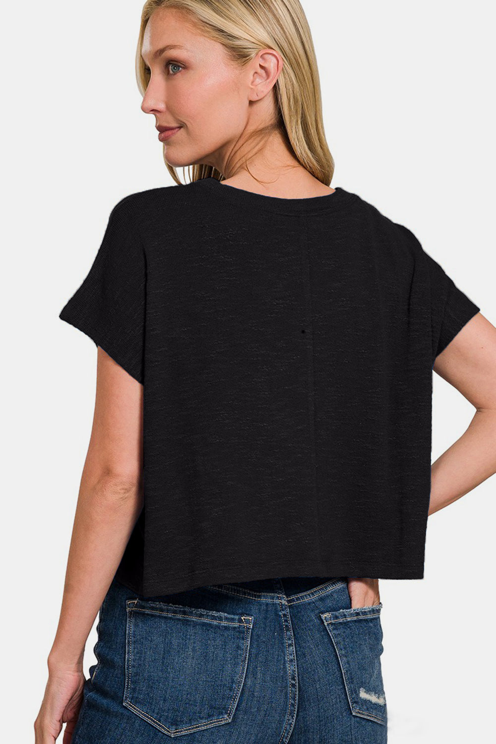Zenana Black Round Neck Short Sleeve Crop T-Shirt