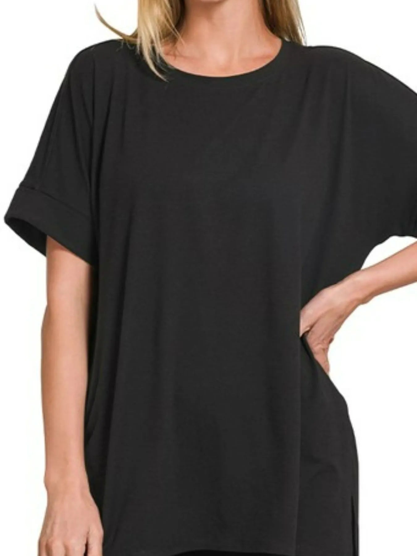 Zenana Black Brushed Dty Microfiber Round Neck Top and Biker Shorts Set