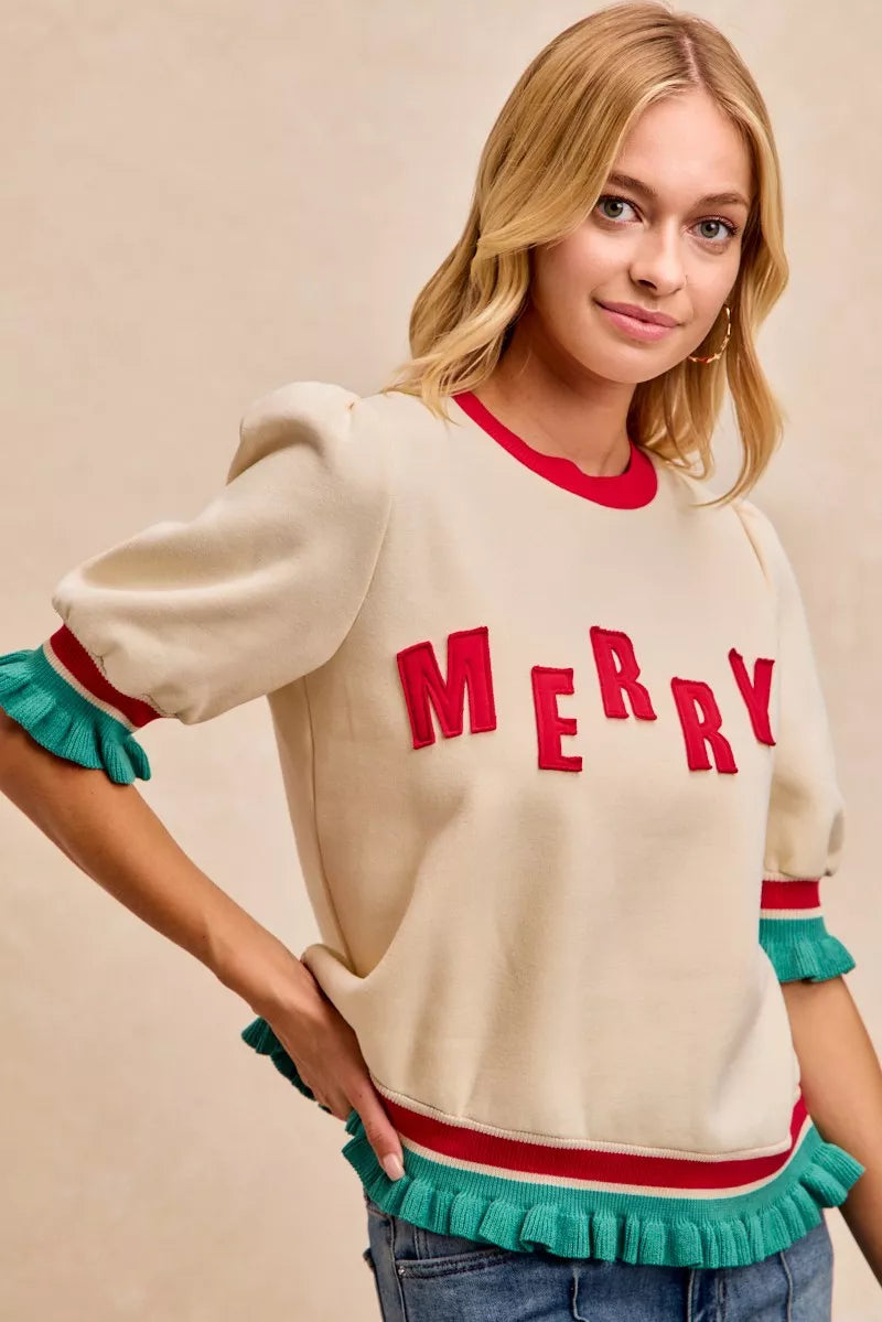 BiBi Christmas Merry Letter Patches Contrast Banded Top