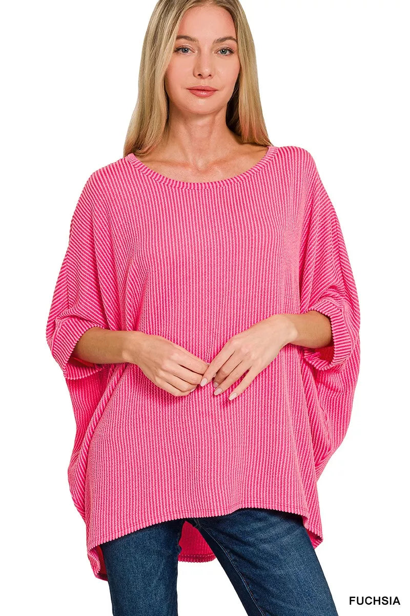 Zenana Fucshia Raised Rib Bat Sleeve Top FUCHSIA