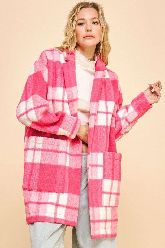 Davi & Dani Hot Pink Checker Plaid Open Front Drop Shoulder Longline Coat Coats & Jackets