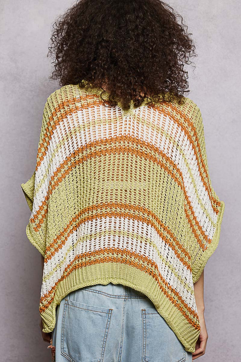 POL Lime Sage Openwork Lightweight Striped V-Neck Knit Top