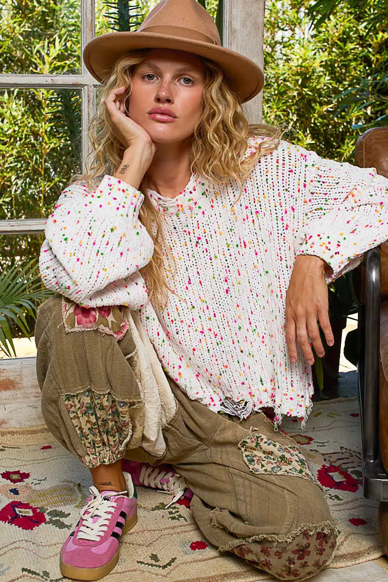 POL White Pink Round Neck Fringed Hem Sweater