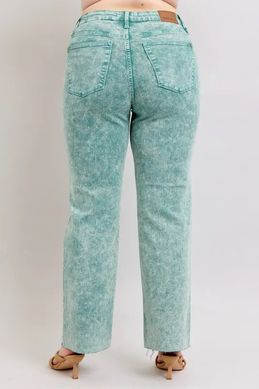 Judy Blue Sea Green High Waist Garment Dyed Raw Hem Dad Jeans