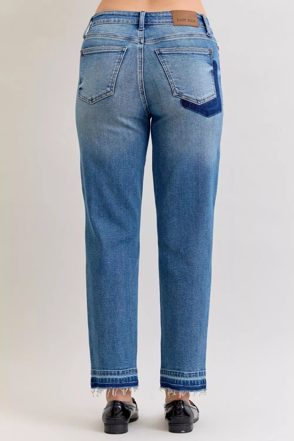 Judy Blue Mid Rise Boyfriend Patch & Repair Destroyed Release Hem Jeans