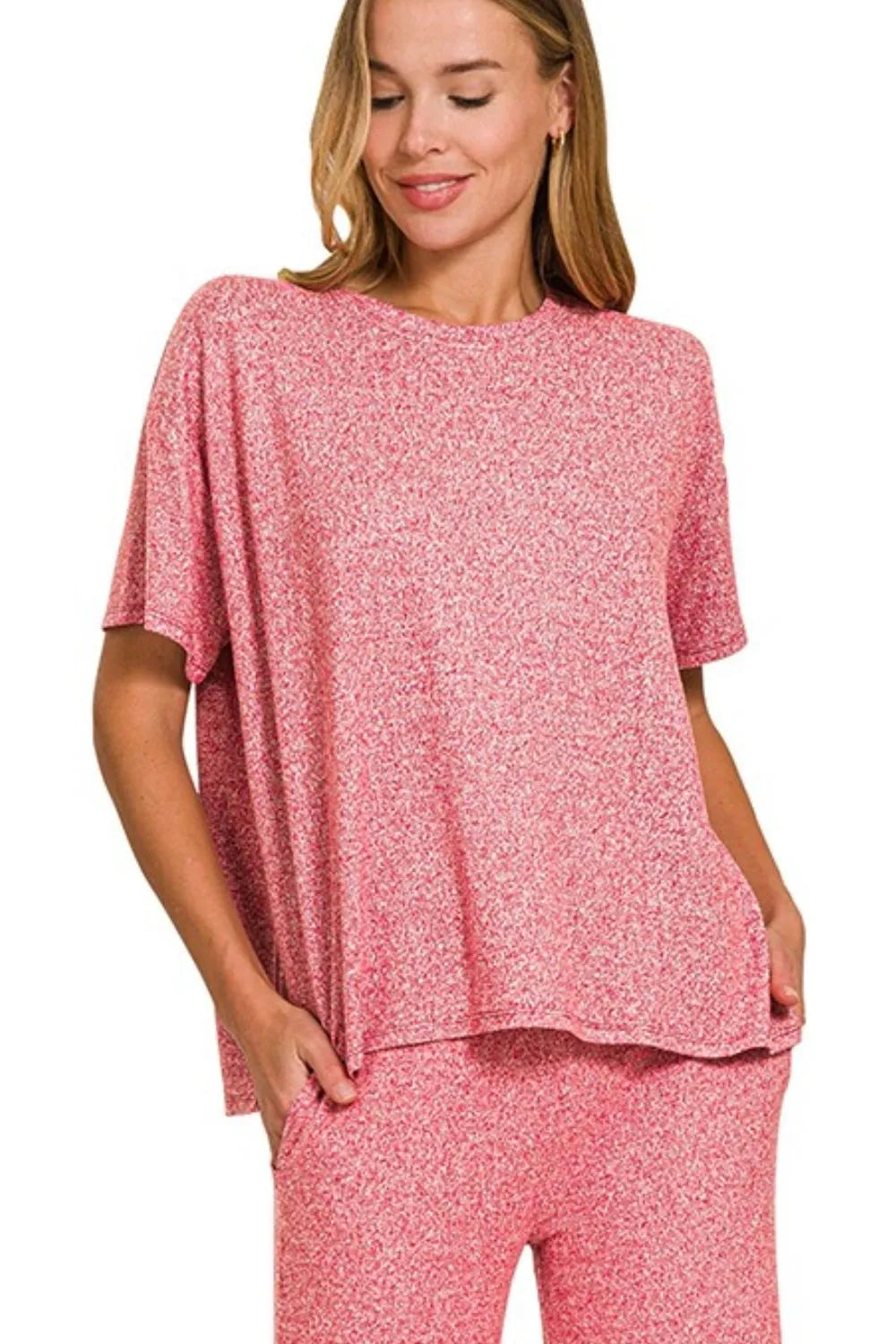 Zenana Dark Red Soft Melange Short Sleeve Tee & Long Pants Set