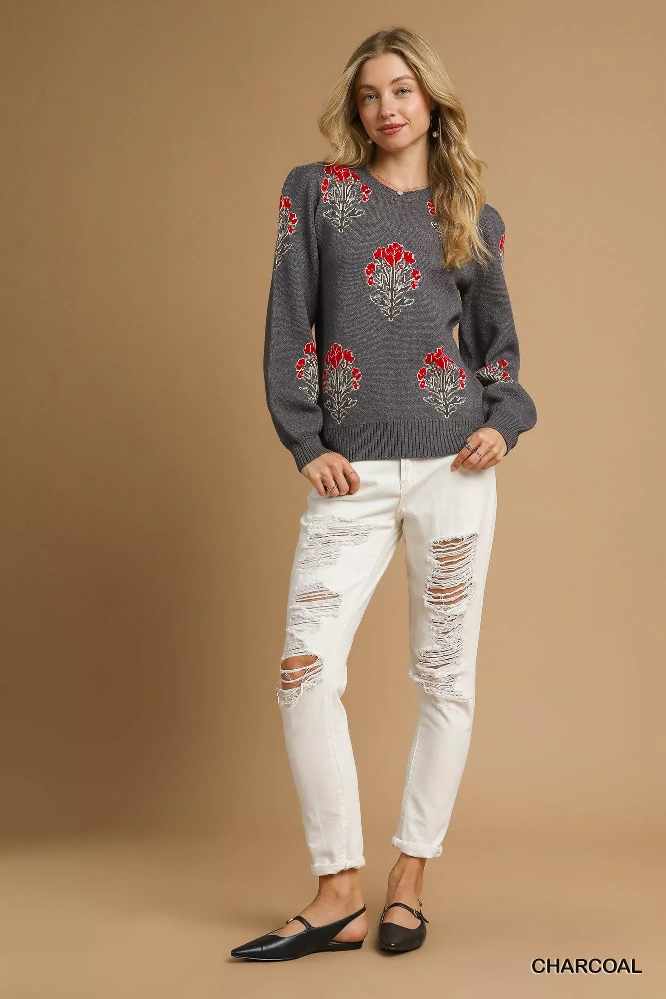 Umgee Charcoal Single Flower Stem Jacquard Sweater