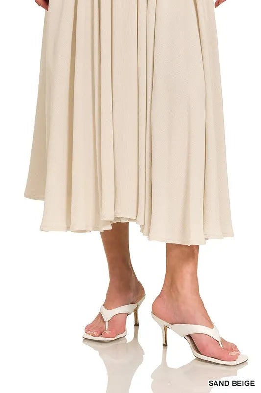 Zenana Sand Beige Woven Crinkle Gauze Crop Tee and Skirt Set