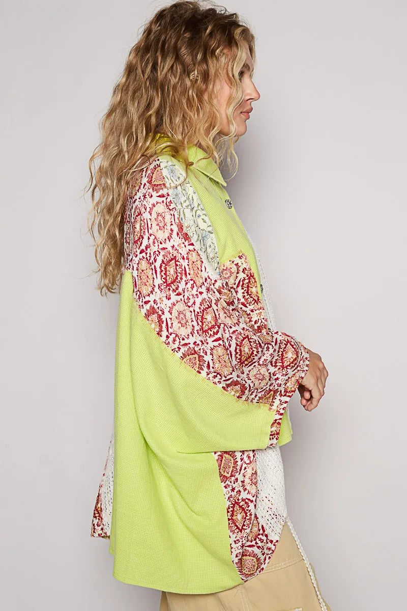 POL Neon Lime Thermal and Crochet Lace Mix Shirt with Floral Pattern