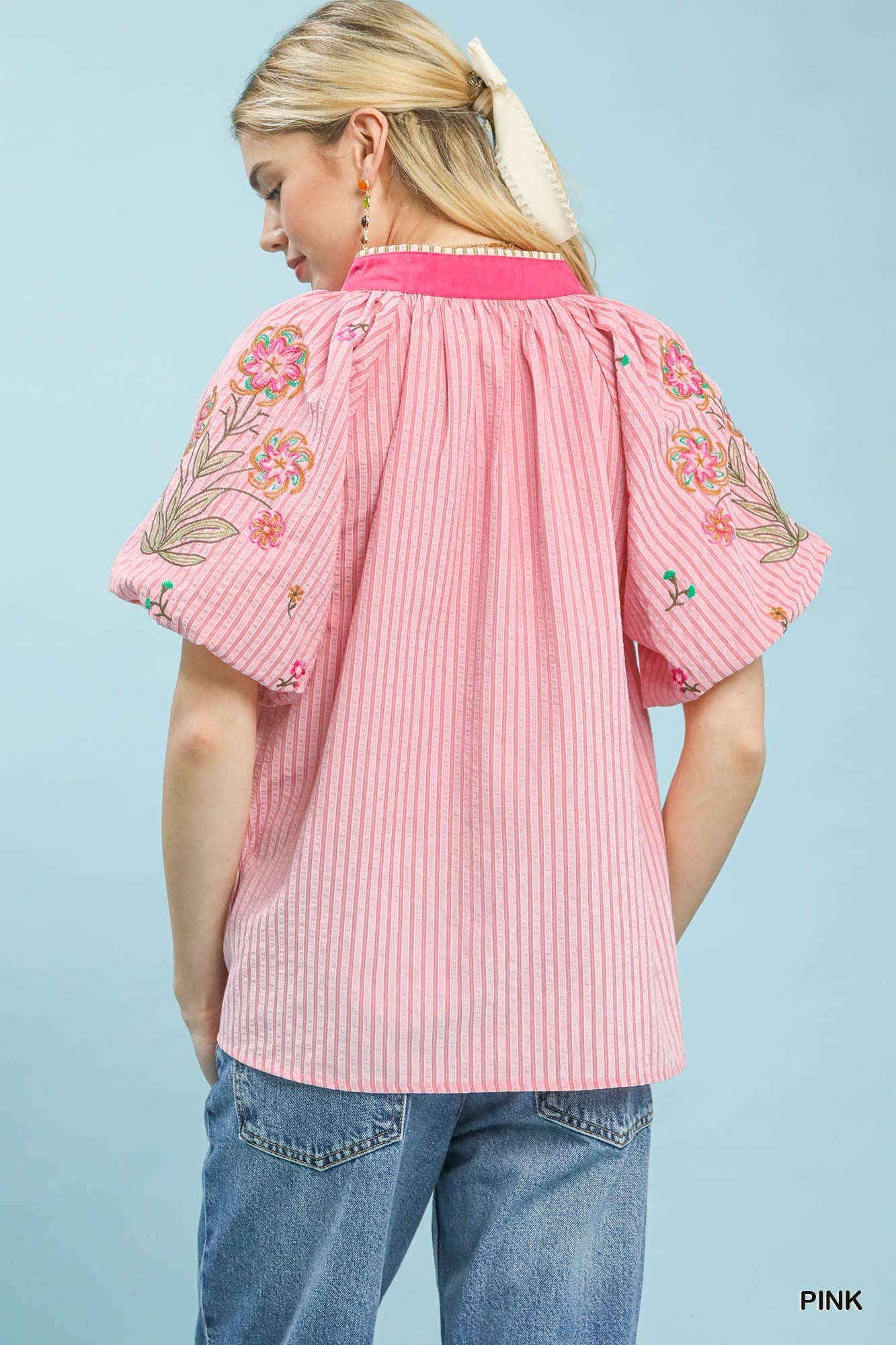 Umgee Pink Embroidered Stripe Top