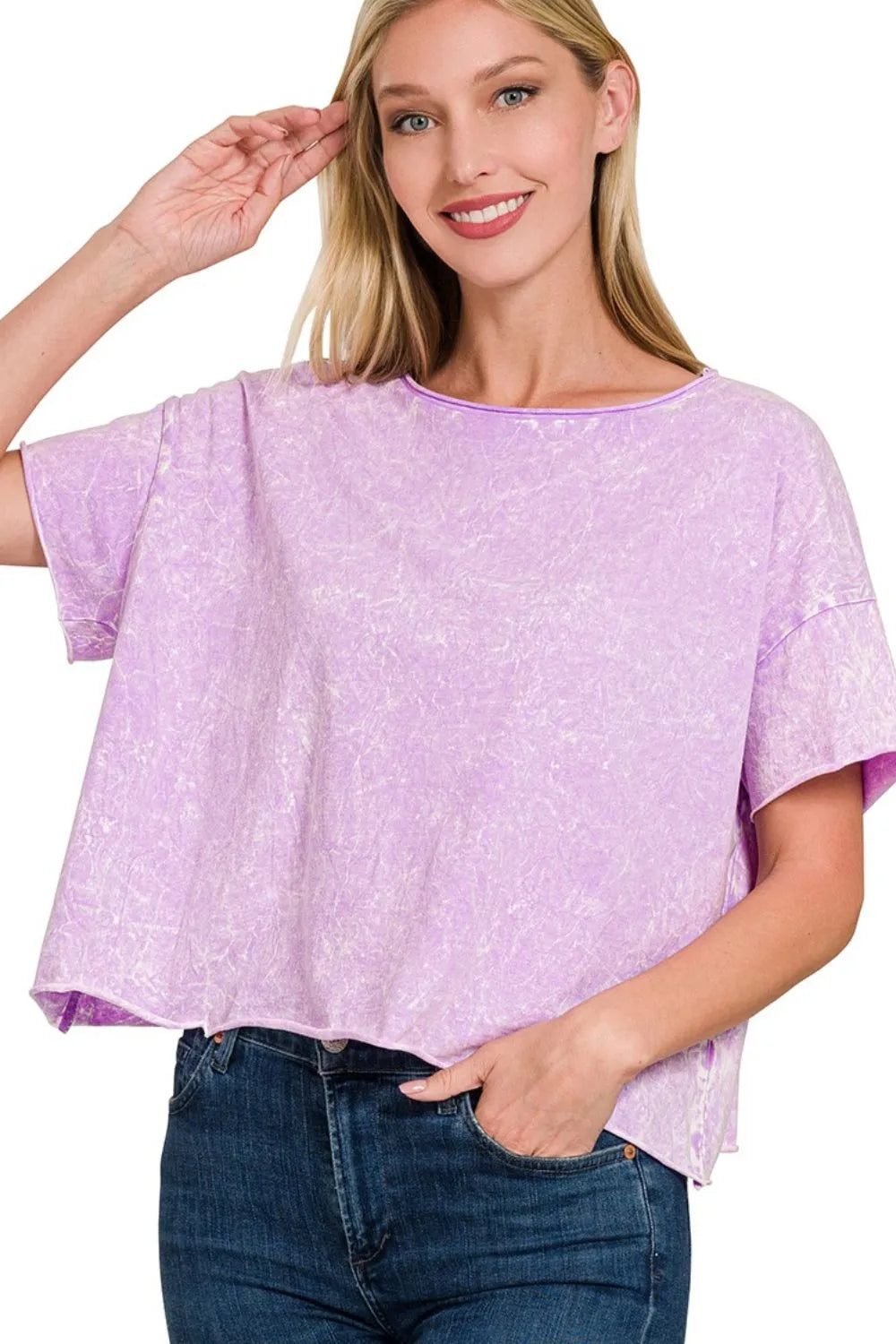 Zenana Bright Lavender Washed Crew Neck Short Sleeve Crop Box Tee