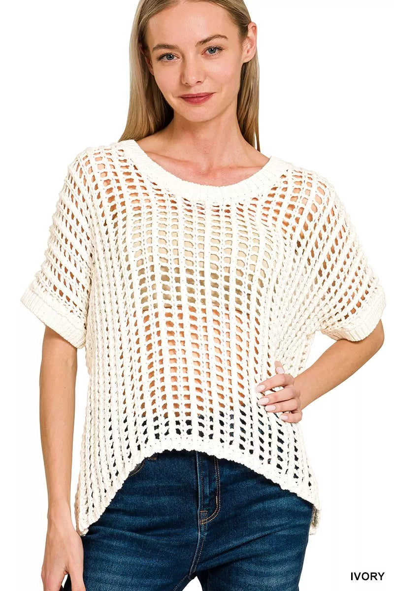 Zenana Fish Net Short Sleeve Crochet Knit Cover Up- Ivory IVORY
