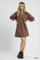 Umgee Mocha V-Neck Shift Dress with Sheer Leopard Trim