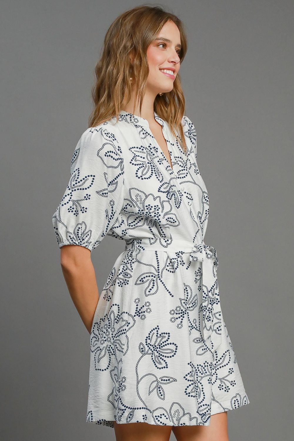 Umgee Off White Floral Print Notched Puff Sleeve Mini Dress