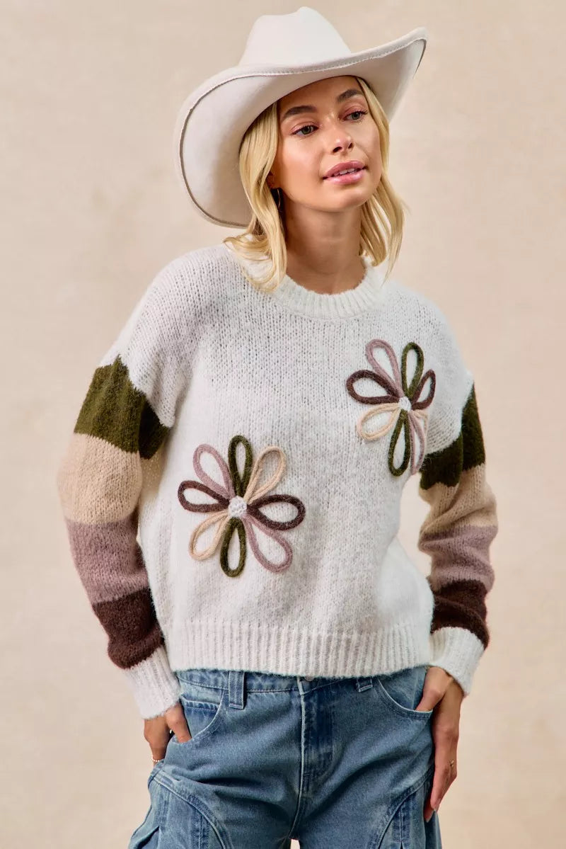 BiBi Ivory & Mocha Flower Color Block Sweater