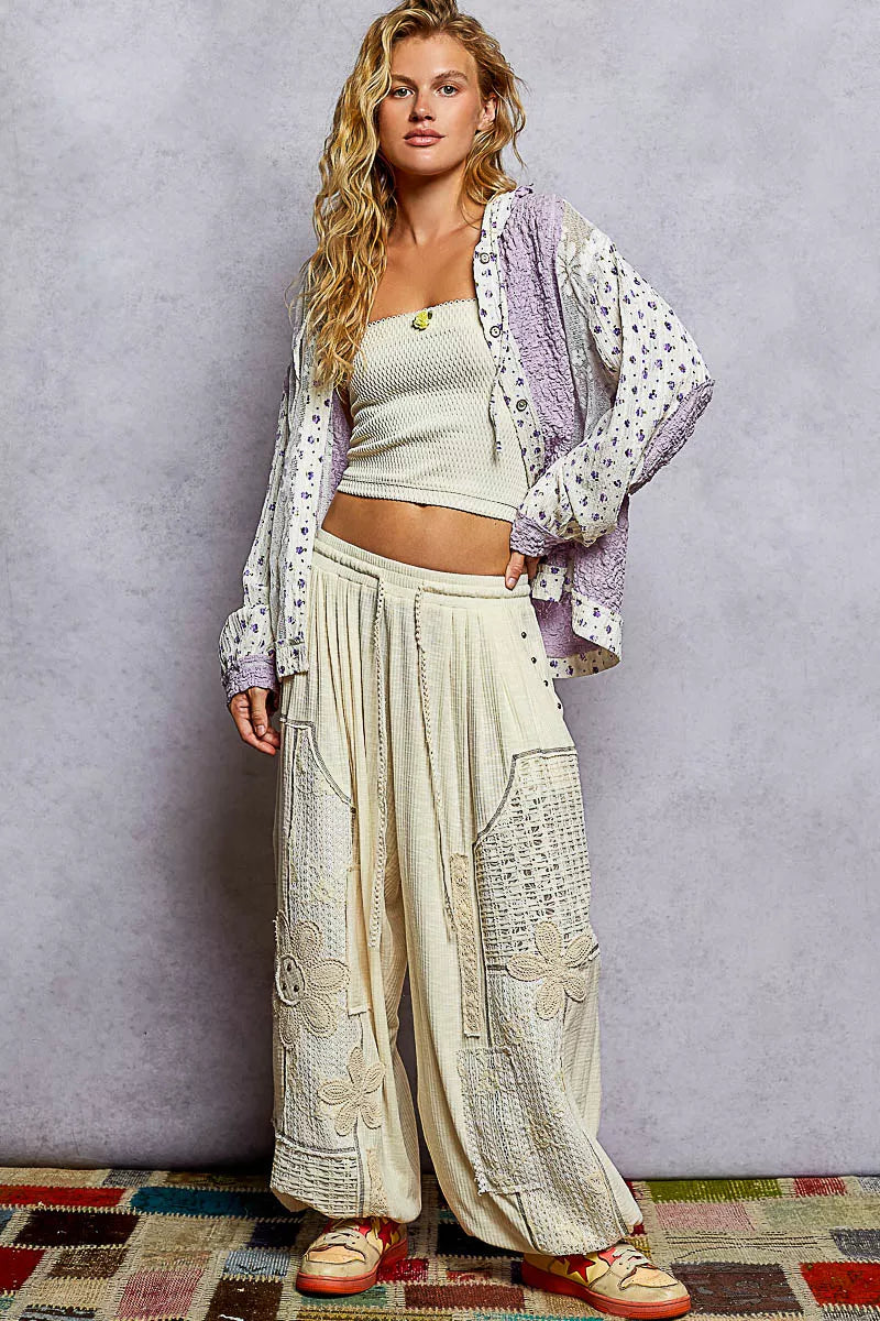 POL Lavender Floral Balloon Sleeve Hooded Lace Jacket with Stitch Detail