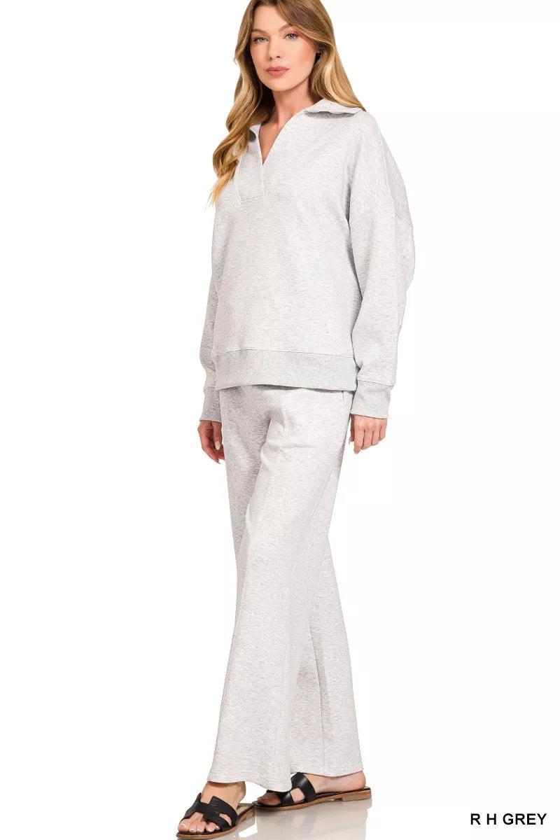 Zenana Heather Grey Scuba Collared Pullover and Pants Set