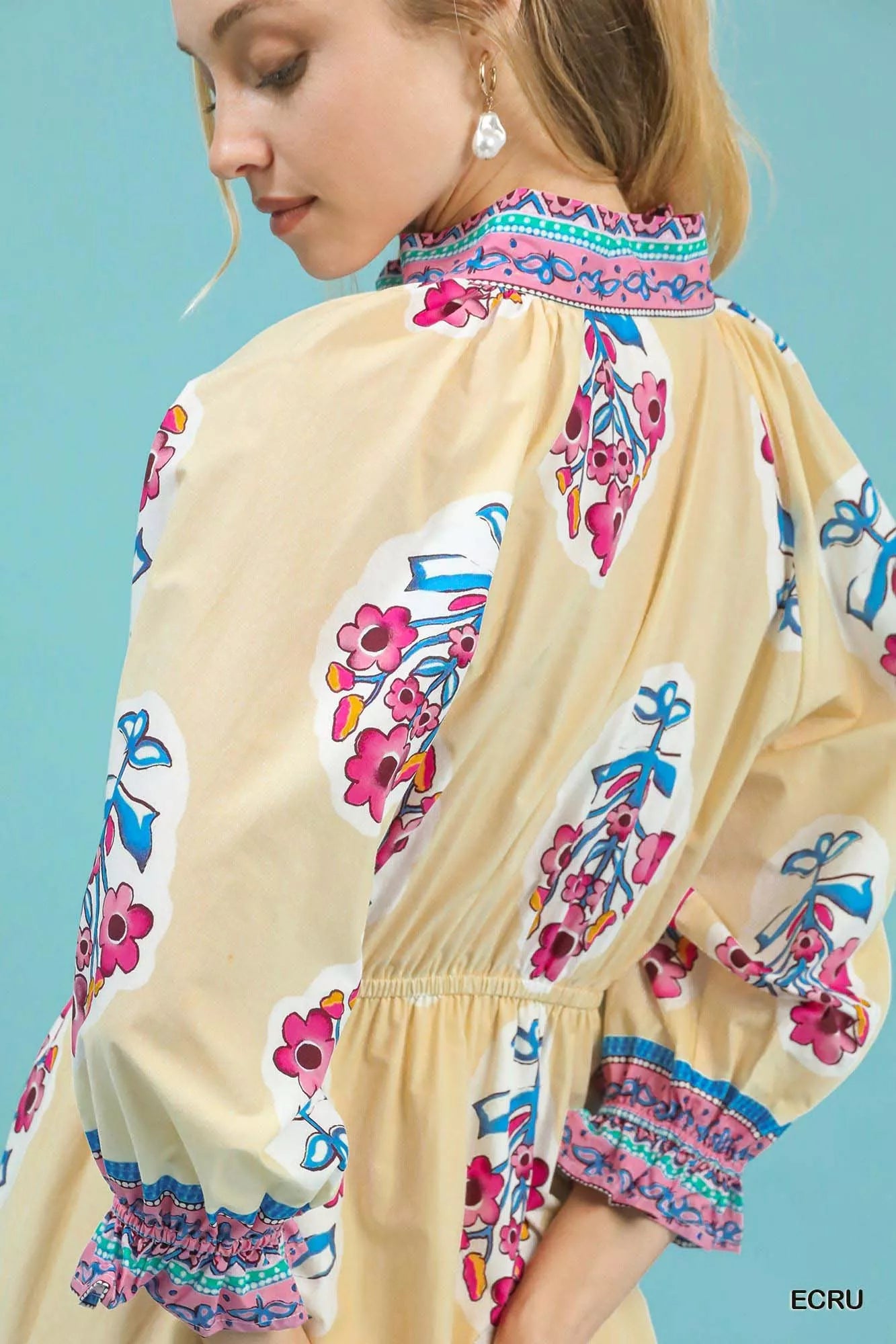 Umgee Ecru Flower Patch Border Print Midi Dress